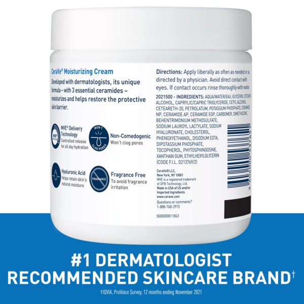 CeraVe Moisturizing Cream | Body and Face Moisturizer for Dry Skin | Body Cream with Hyaluronic Acid and Ceramides | Normal | Fragrance Free | 19 Oz - Image 2