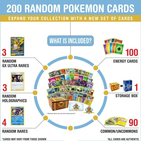 200 Assorted Pokemon Cards - 3 GX Ultra Rares, 4 Rare Cards, 3 Holographics, 90 Common/Uncommons, and 100 Energy Cards - Includes Golden Groundhog Treasure Chest Storage Box - Image 2