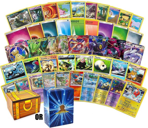 200 Assorted Pokemon Cards - 3 GX Ultra Rares, 4 Rare Cards, 3 Holographics, 90 Common/Uncommons, and 100 Energy Cards - Includes Golden Groundhog Treasure Chest Storage Box